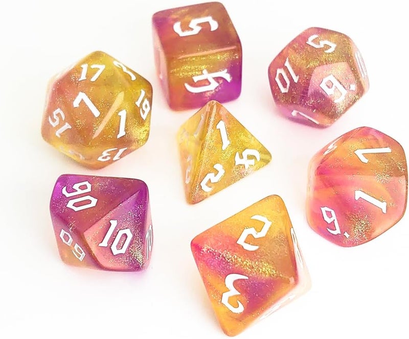 vvpesca Orange Glitter DND Dice Set of 7 – Polyhedral Dice Set for D&D, Dungeons and Dragons, Role Playing Games, MTG, COC, RPGs Accessories – D20 System Games Purple Gold Glitter Dice (Orange Jelly) - Image 1